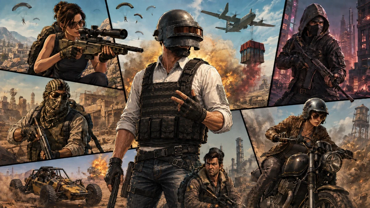 Серия игр PUBG — коллаж с бойцами, техникой и полем боя