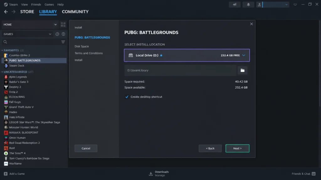 окно установки PUBG: Battlegrounds в Steam с выбором диска и библиотеки