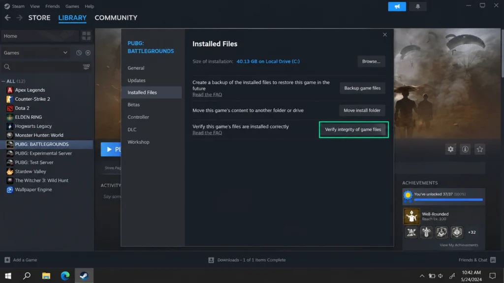 раздел Installed Files в свойствах PUBG: Battlegrounds в клиенте Steam