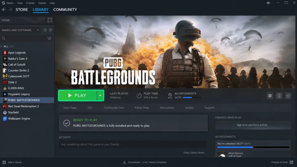 PUBG: Battlegrounds полностью установлена и готова к запуску в библиотеке Steam