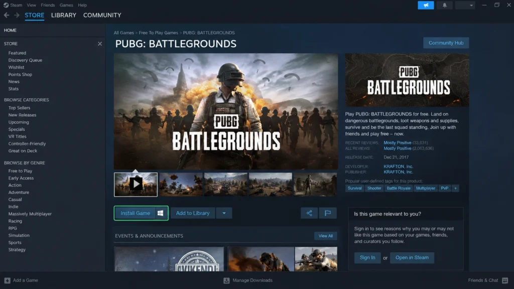 официальная страница PUBG: Battlegrounds в магазине Steam