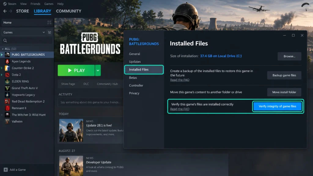 Проверка целостности файлов PUBG: Battlegrounds в Steam