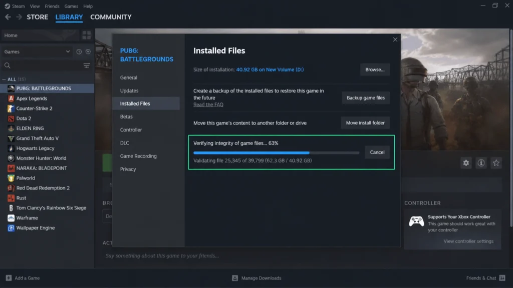 проверка целостности файлов PUBG: Battlegrounds в Steam