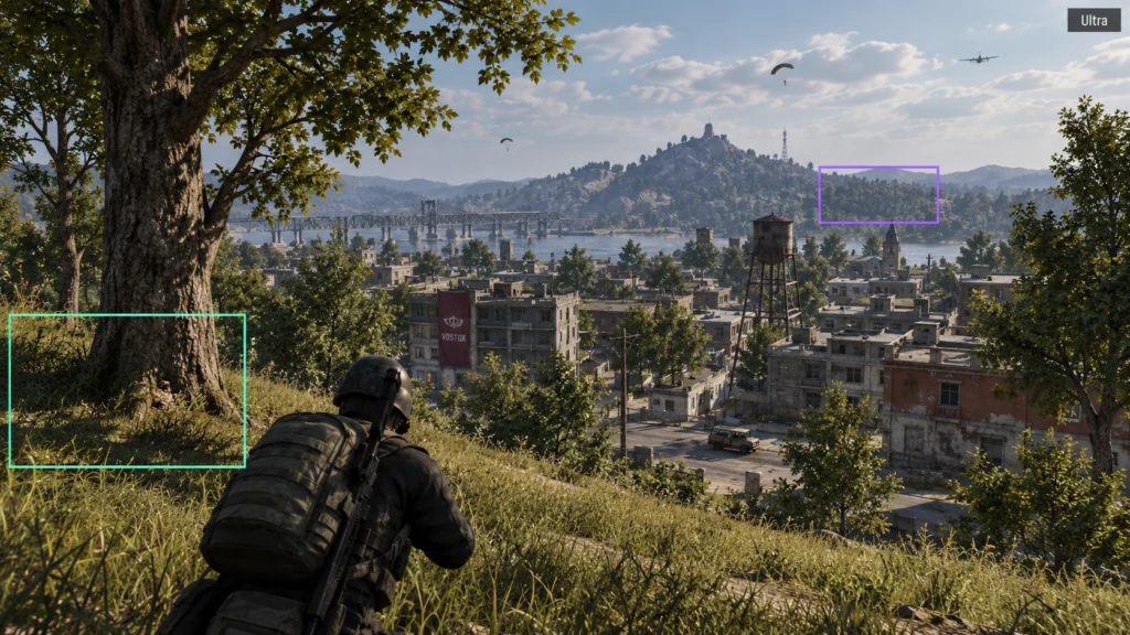 PUBG на пресете Ultra в одной и той же сцене