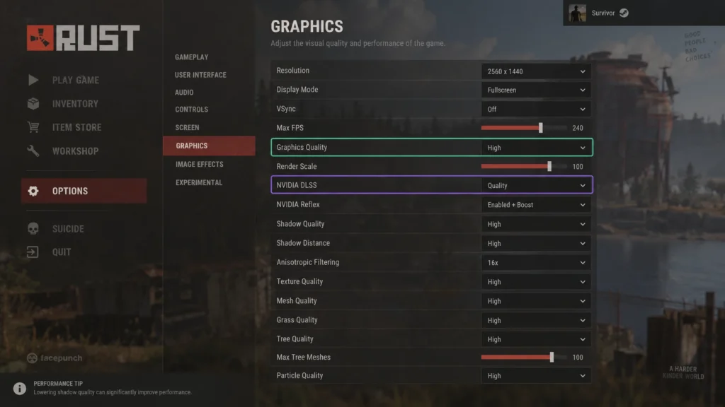 Графические настройки Rust с качеством изображения и NVIDIA DLSS