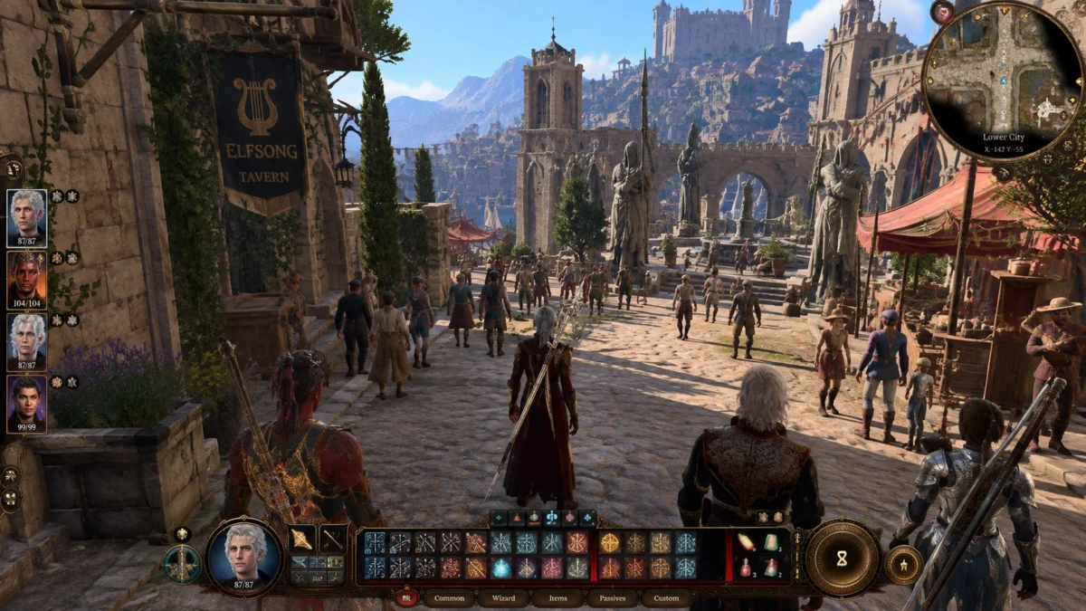 Baldur's Gate 3 на ПК в насыщенной городской сцене