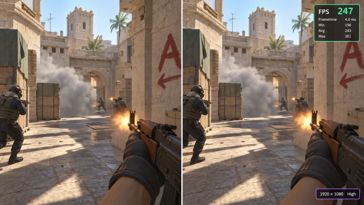 Counter-Strike 2 во время матча с отображением частоты кадров