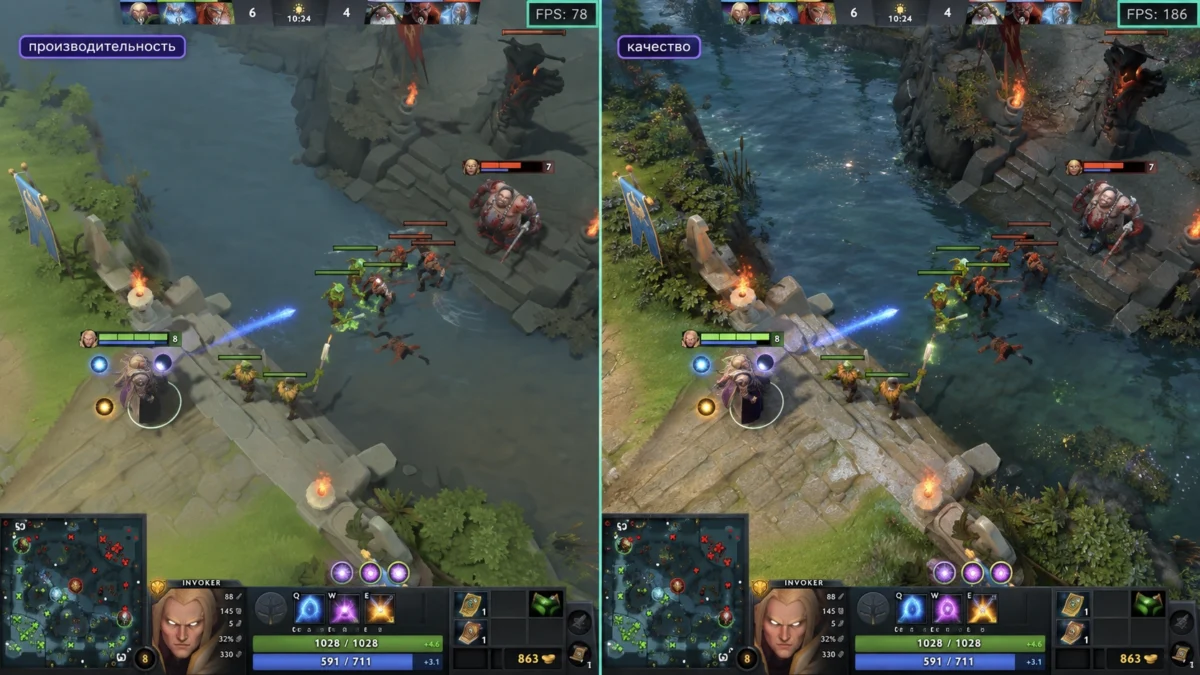 Dota 2 с включённым счётчиком FPS на разных настройках графики