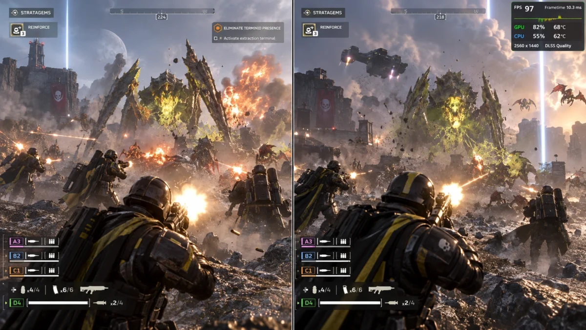 Helldivers 2 в боевой миссии с отображением FPS и frametime