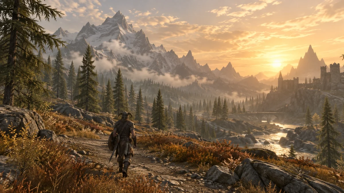 Персонаж в открытой локации Skyrim Special Edition на ПК