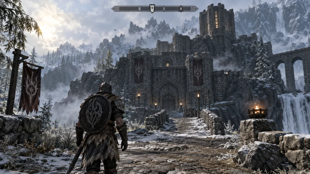 персонаж возле Fort Dawnguard в дополнении Skyrim Dawnguard