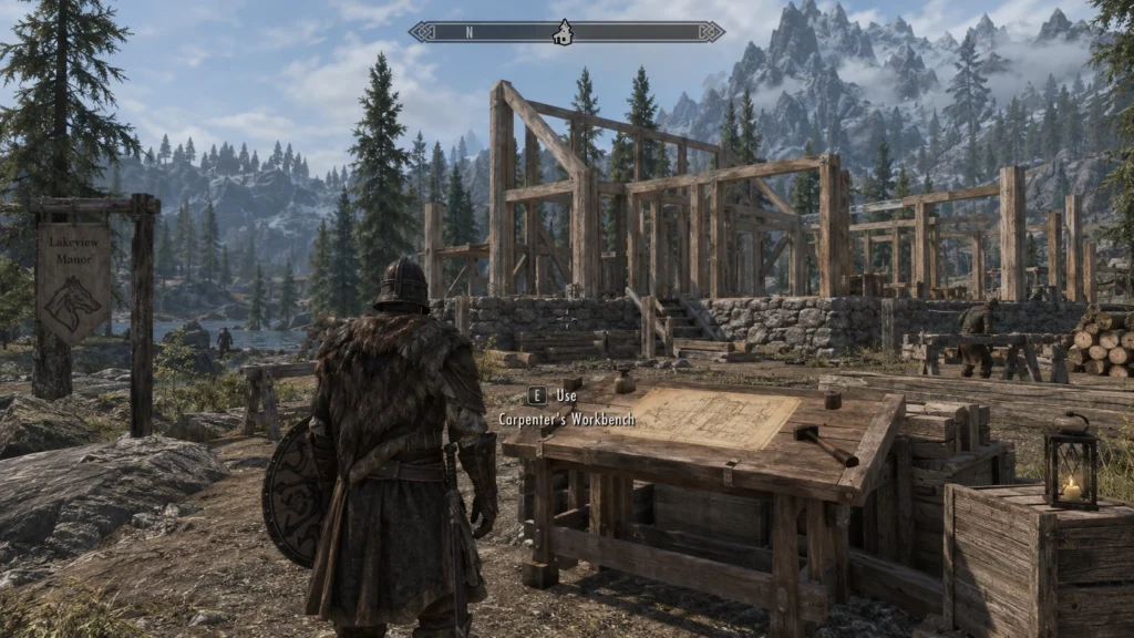 строительный стол и частично построенный дом в Skyrim Hearthfire