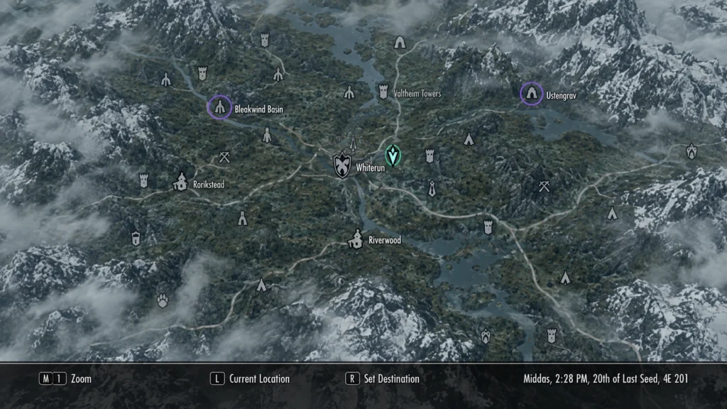 карта Skyrim с сюжетной целью и необязательными локациями