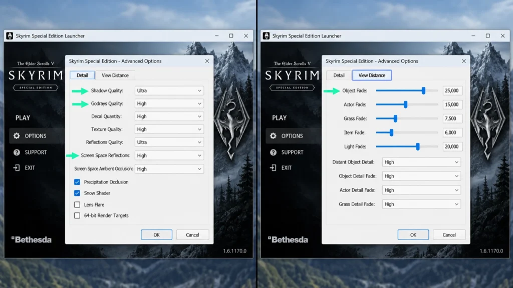 Advanced Options Skyrim Special Edition с настройками для повышения FPS