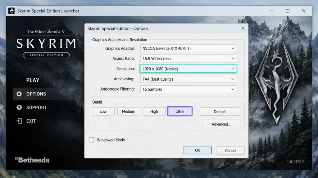 Настройки разрешения и качества в Skyrim Special Edition Launcher