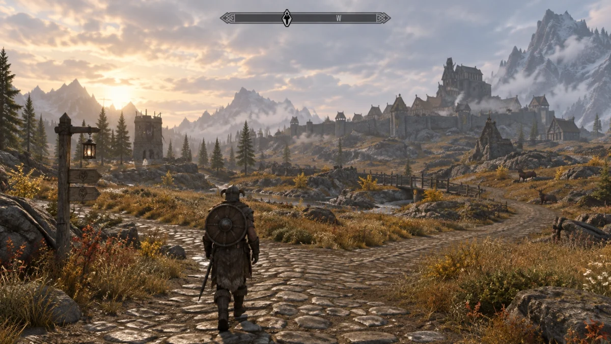 герой путешествует по открытому миру Skyrim рядом с Whiterun