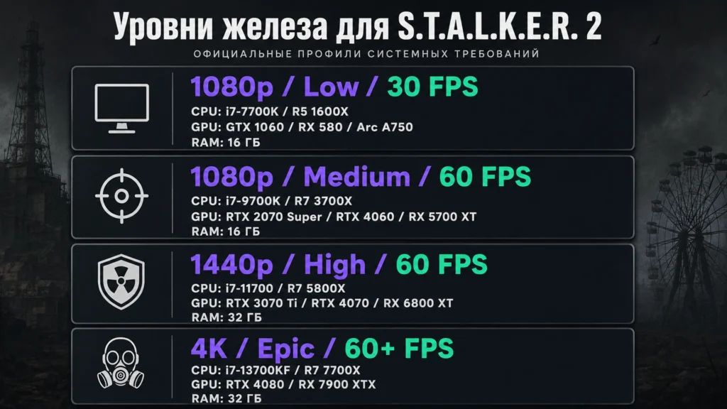 четыре уровня системных требований Stalker 2 от 1080p Low до 4K Epic.
