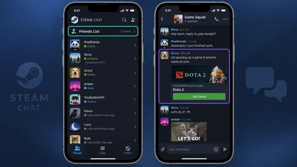 список друзей и переписка в мобильном приложении Steam Chat