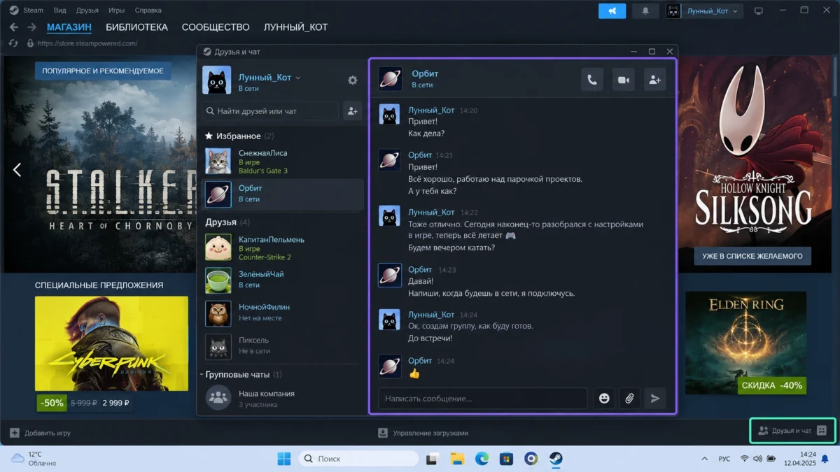 открытый список друзей и личный чат в клиенте Steam