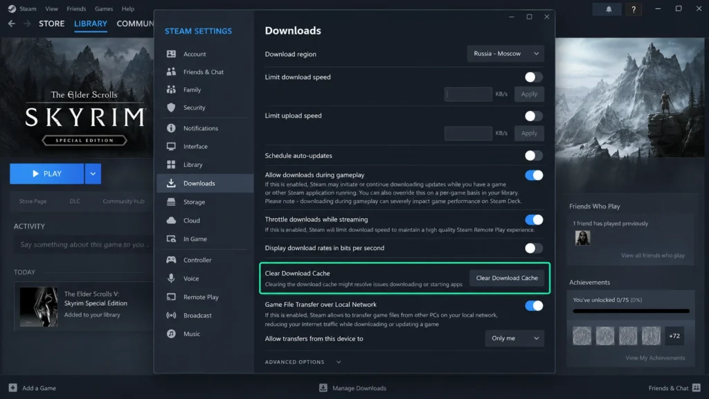 Кнопка очистки кэша загрузки в настройках Steam