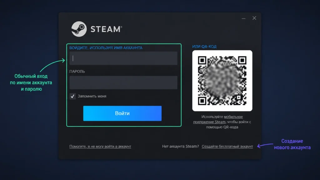 Экран входа в клиент Steam с паролем и QR-кодом.