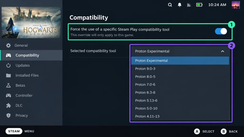 выбор версии Proton в свойствах игры Steam Deck