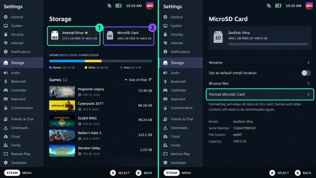 внутренняя память и microSD в настройках Steam Deck