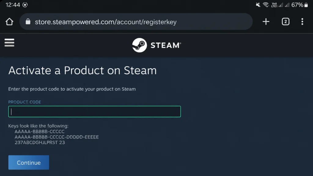 официальная страница активации ключа Steam в мобильном браузере
