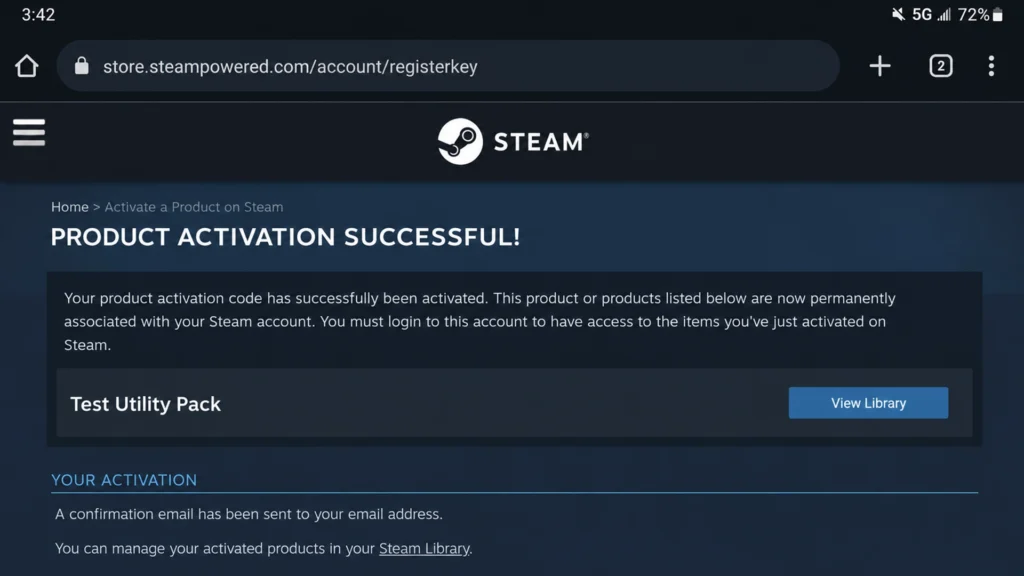 сообщение об успешной активации продукта Steam в мобильном браузере