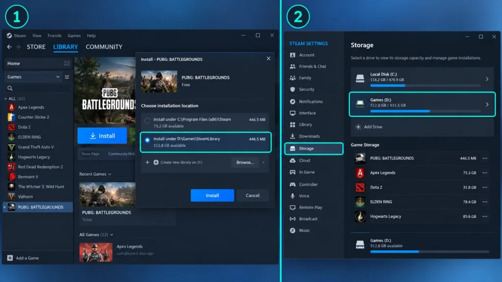 Установка игры из Steam Library и выбор диска хранения