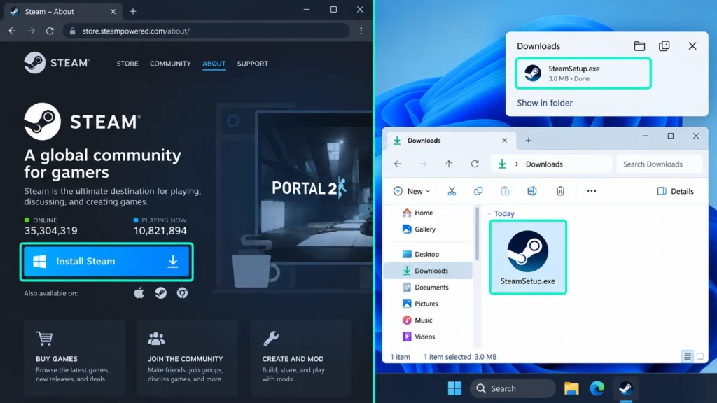 Официальная страница загрузки Steam и файл SteamSetup.exe