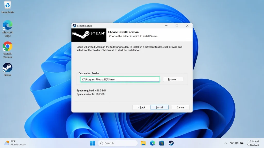 Установщик Steam с выбранной существующей папкой клиента в Windows