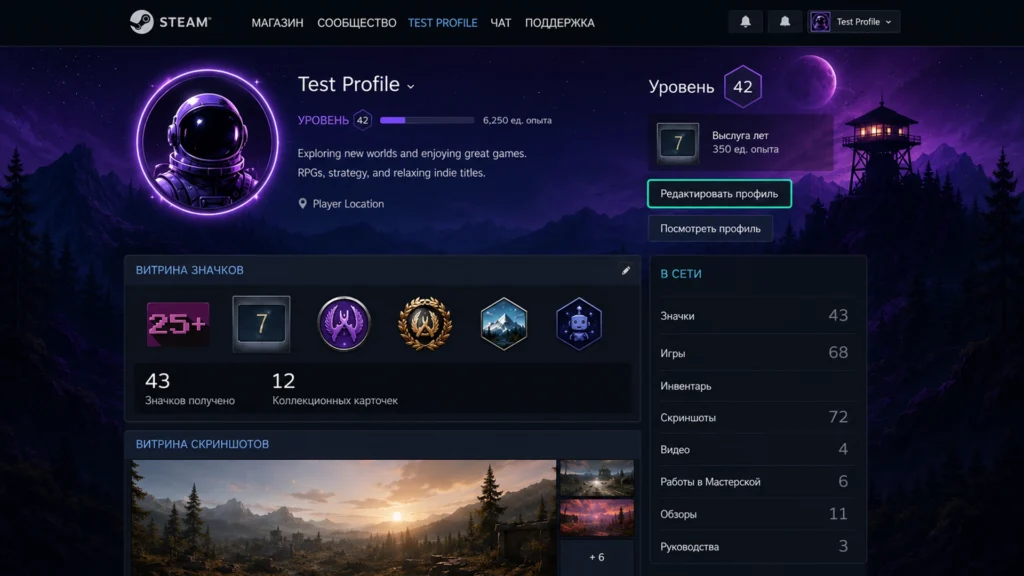 страница собственного профиля Steam с кнопкой «Редактировать профиль».