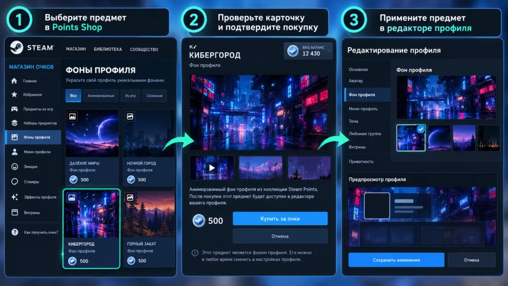 Баланс Steam Points и история начисления и расходования очков