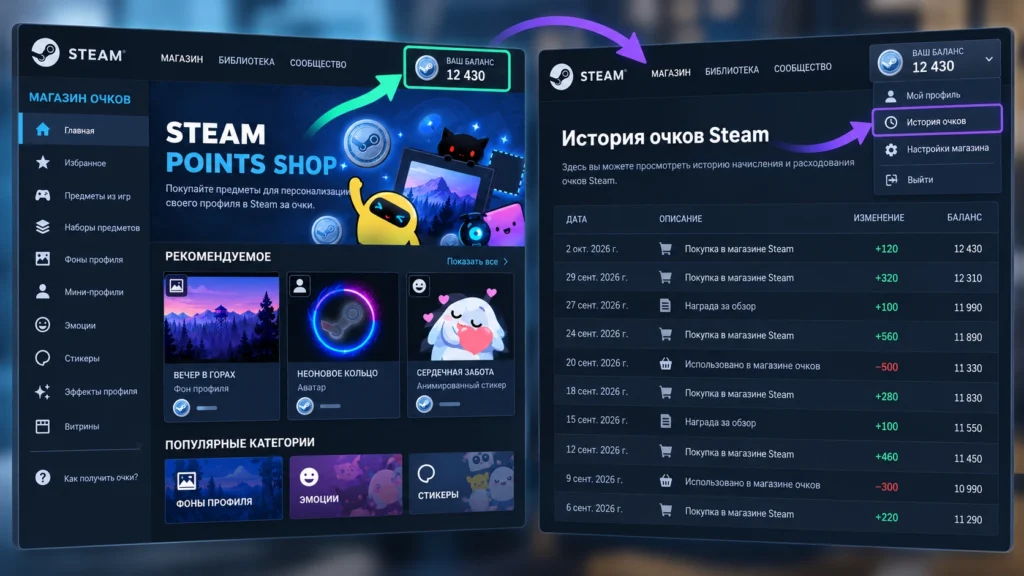 Магазин Steam Points с балансом очков и категориями наград