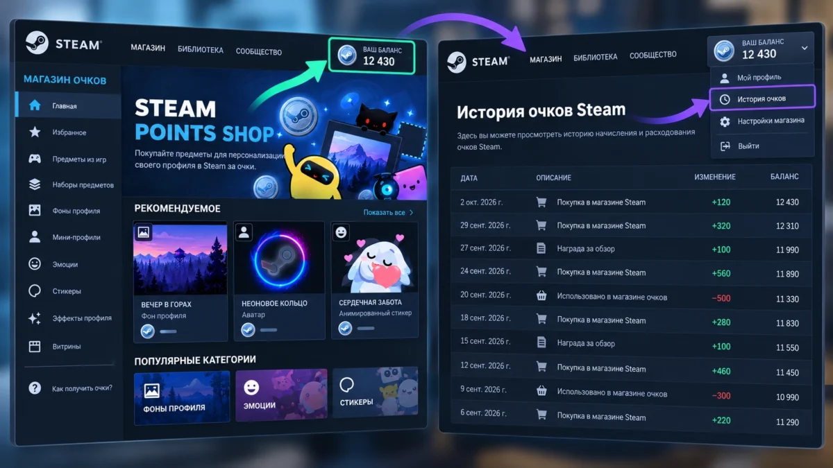 Магазин Steam Points с балансом очков и категориями наград