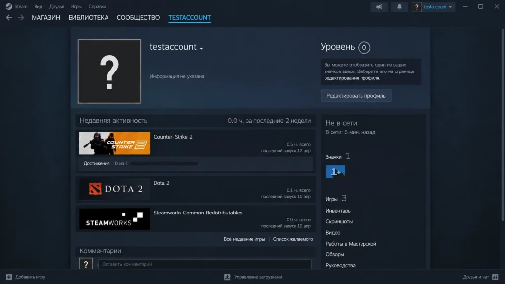 Собственный профиль Steam после авторизации владельца