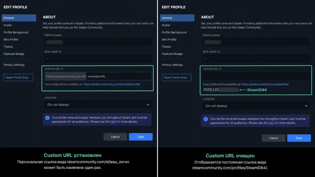 поле Custom URL с персональной ссылкой профиля Steam.