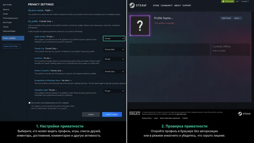 настройки приватности профиля Steam и проверка страницы без авторизации.