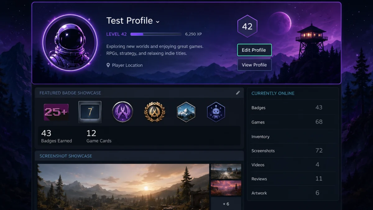 оформленный профиль Steam с аватаром, фоном и витриной.