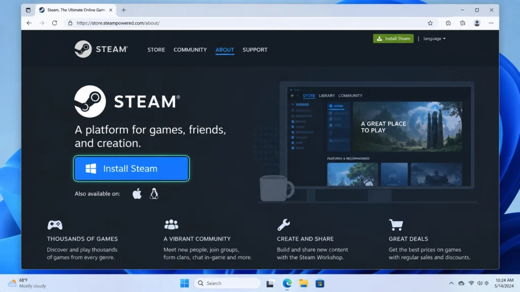Официальная страница загрузки Steam с кнопкой установки клиента