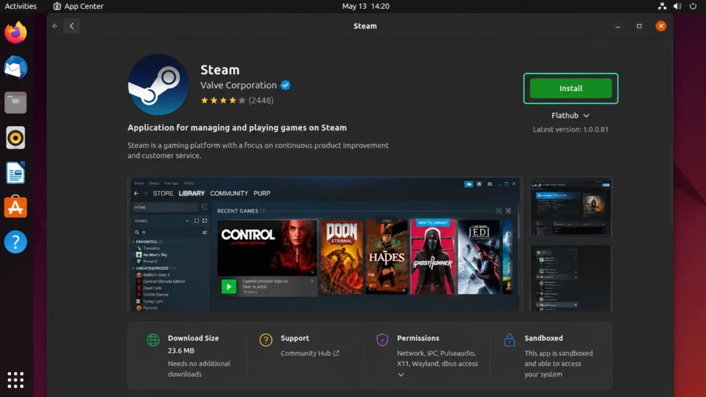 Установка Steam через Ubuntu App Center.