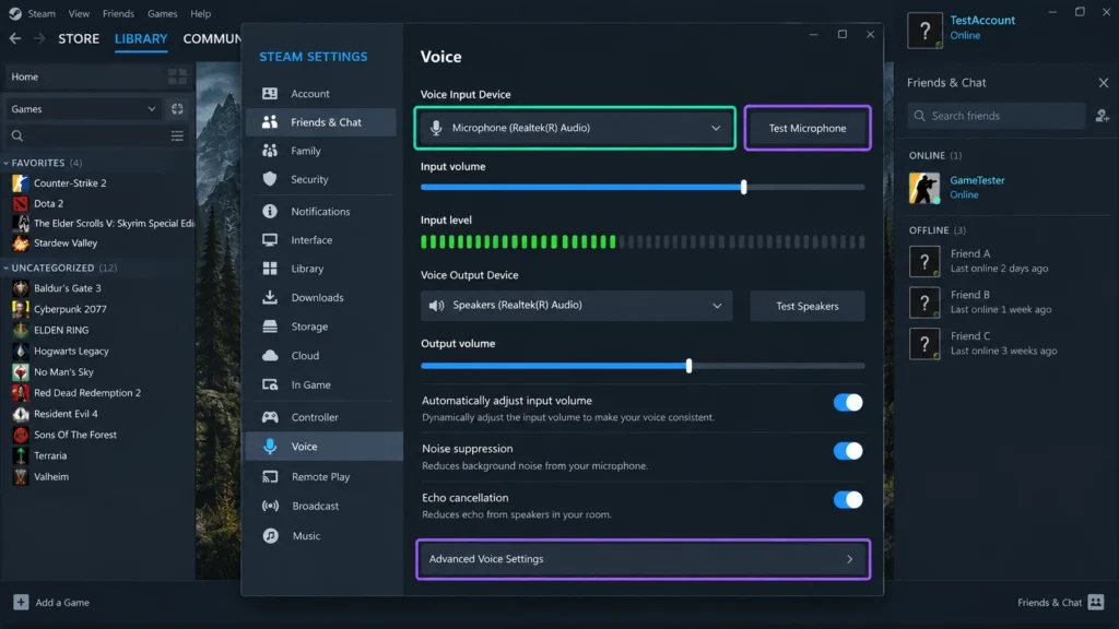 Настройки голосового чата и проверка микрофона в Steam