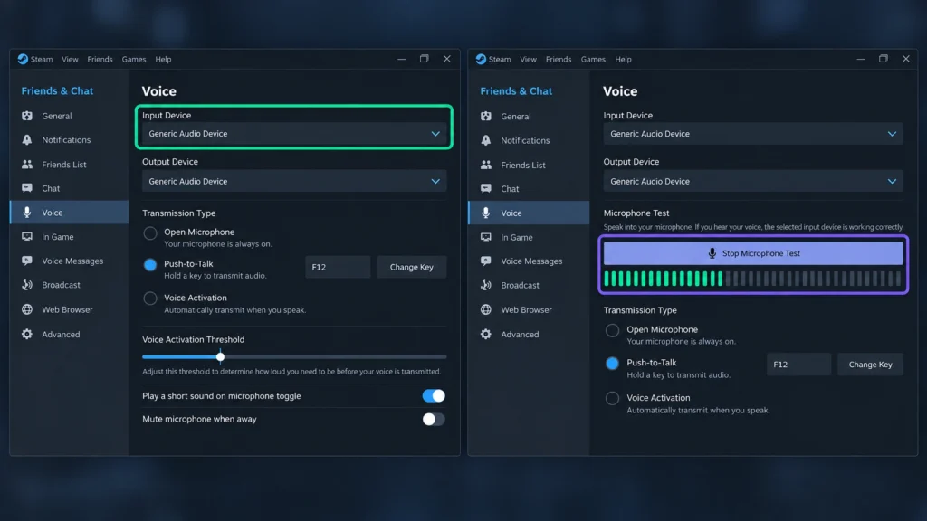 выбор микрофона и проверка голоса в настройках Steam Chat