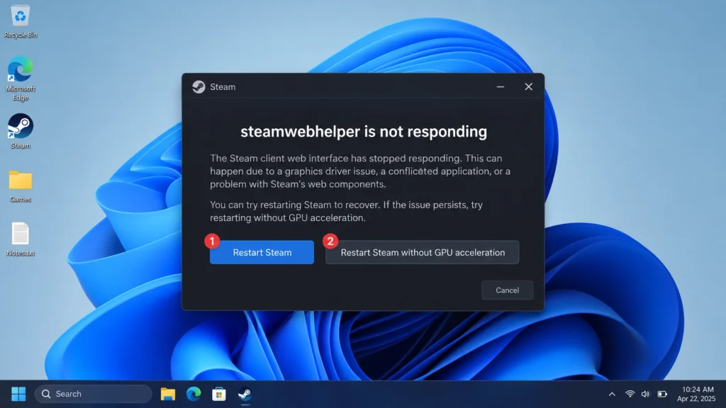 окно Steamwebhelper is not responding с вариантами перезапуска клиента