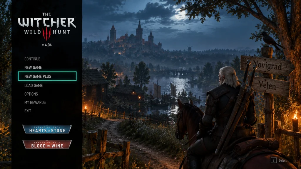 выбор New Game Plus в меню The Witcher 3