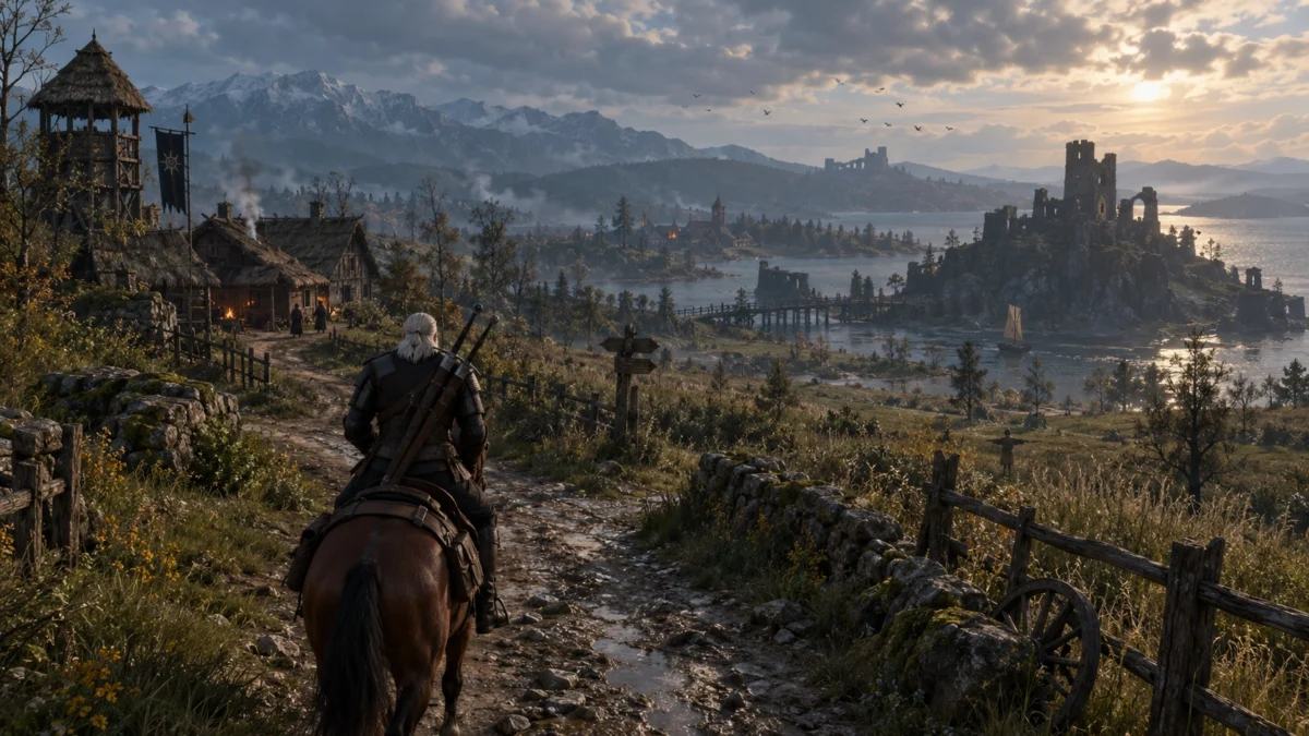 Геральт путешествует по открытому миру The Witcher 3