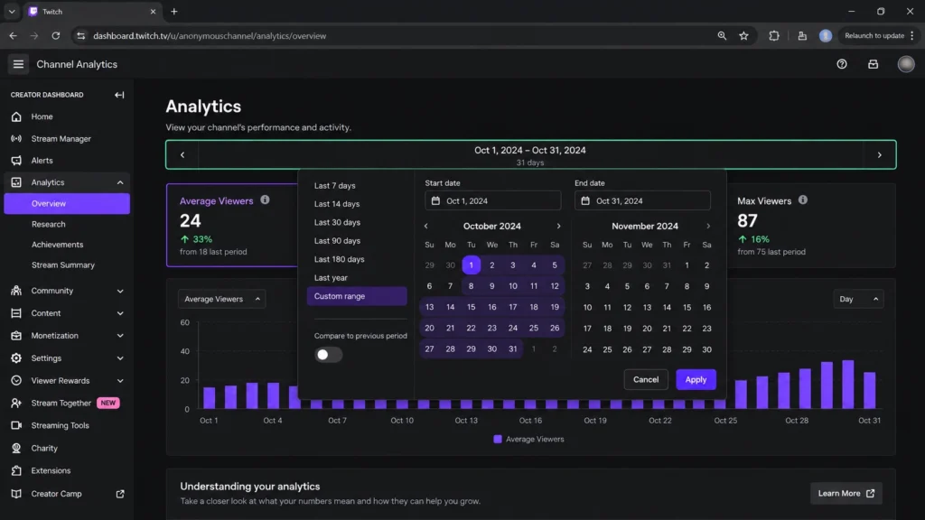 Выбор диапазона дат в разделе Analytics Overview Twitch