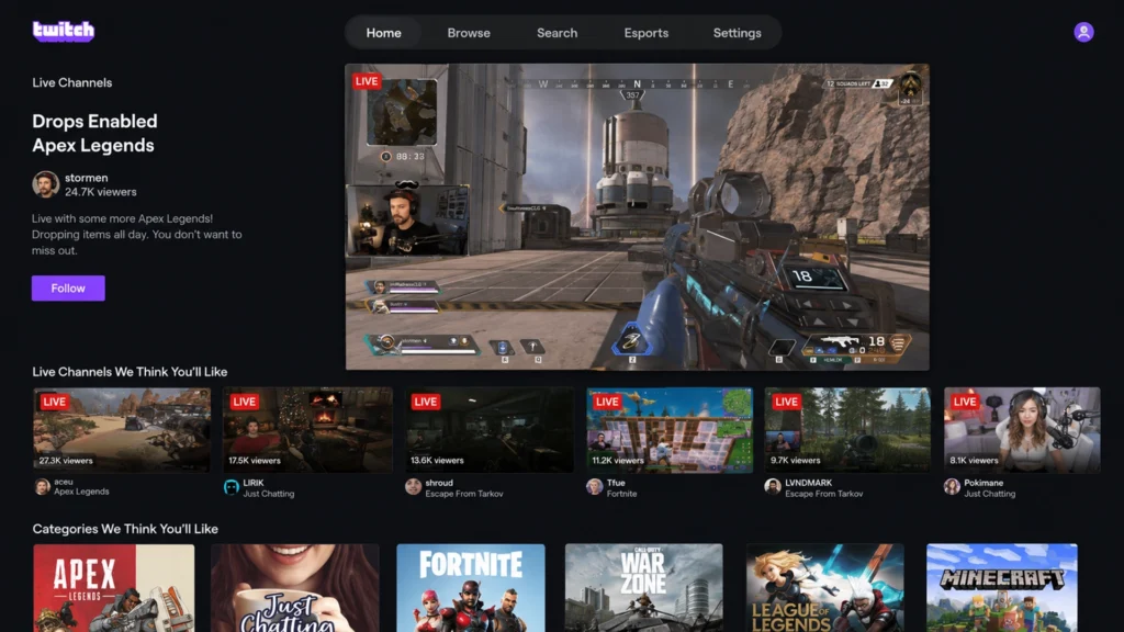 Главный экран приложения Twitch после установки на Apple TV