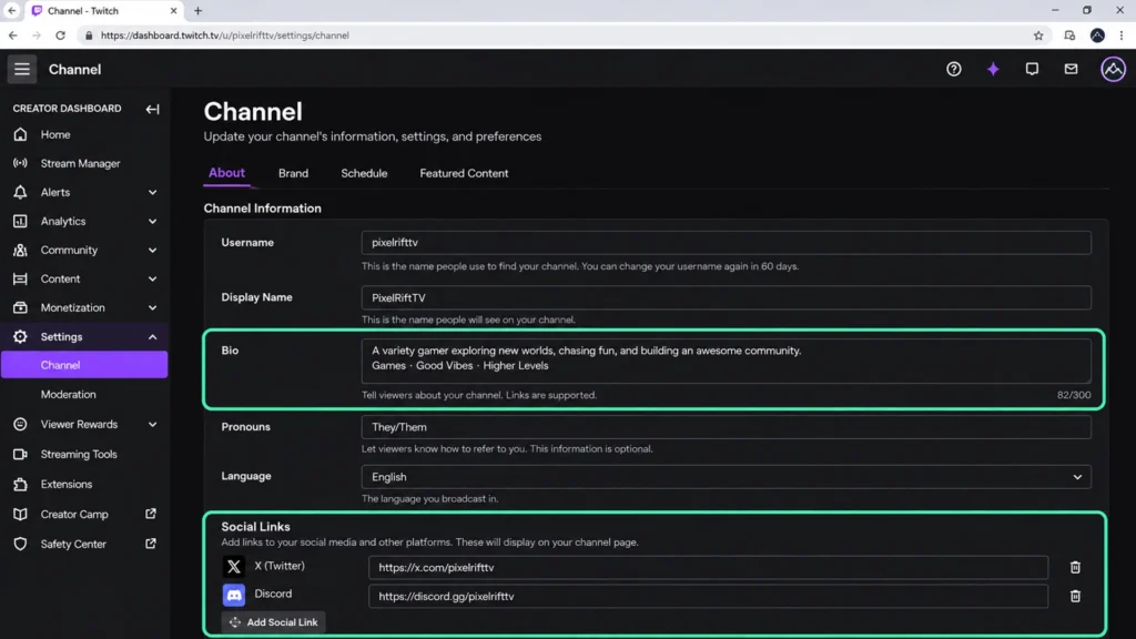 настройки оформления и описания Twitch канала
